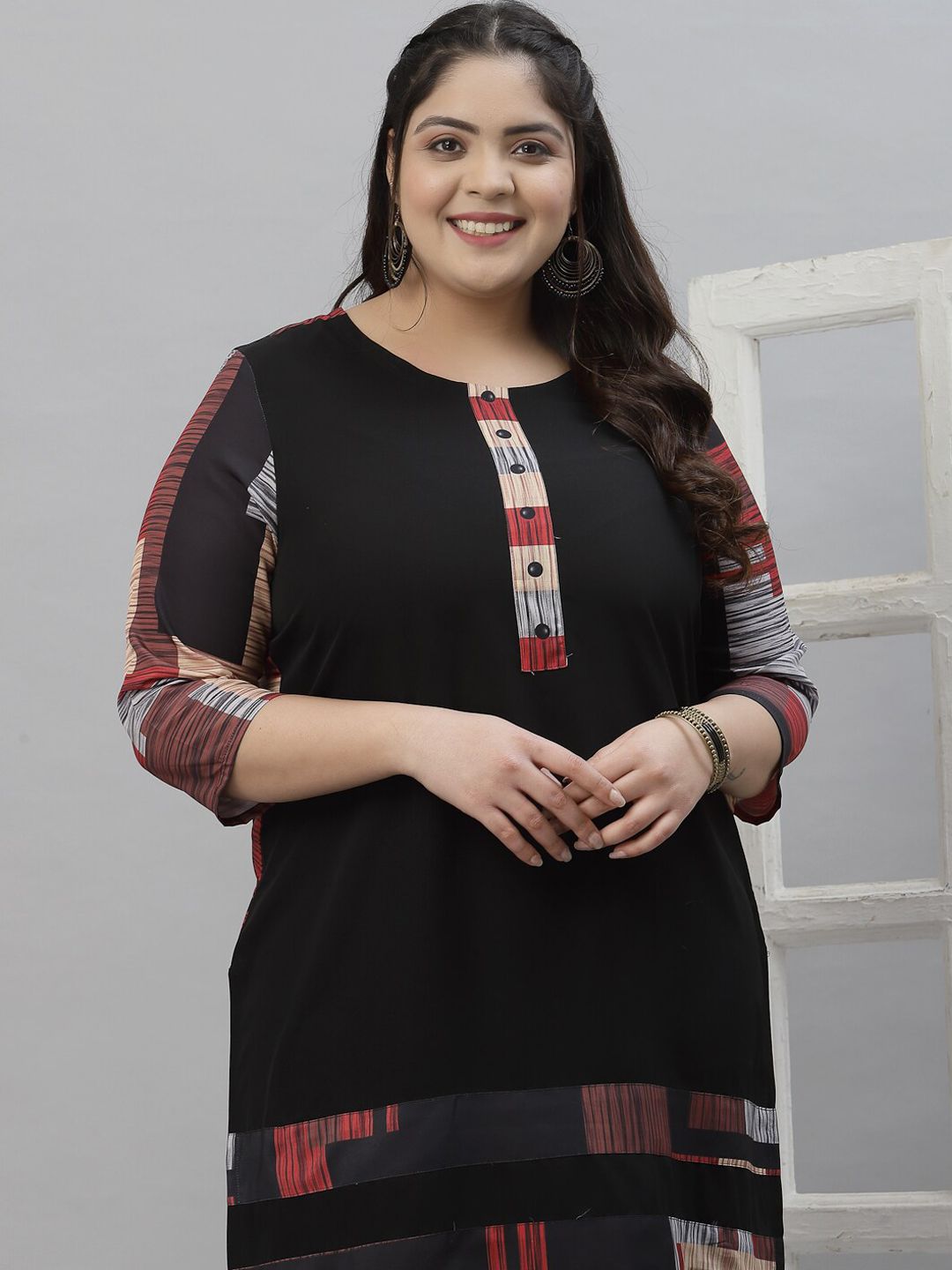 Sztori Black & Red Ethnic Motifs Printed Crepe A-Line Kurta - Distacart