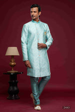 Thumbnail for Raivat Ethnic Banarasi Jacquard Embroidery Semi Indo Western Sherwani In Sky Blue Colour
