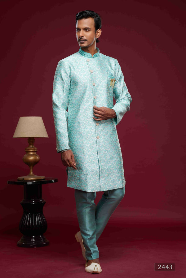 Raivat Ethnic Banarasi Jacquard Embroidery Semi Indo Western Sherwani In Sky Blue Colour