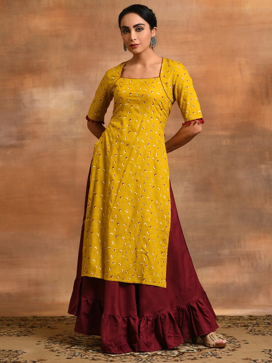 Aks Ethnic Motifs Printed Square Neck Kurta with Skirt - Distacart