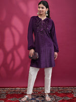 Thumbnail for Vishudh Purple Floral Embroidered Sequined Straight Kurta - Distacart