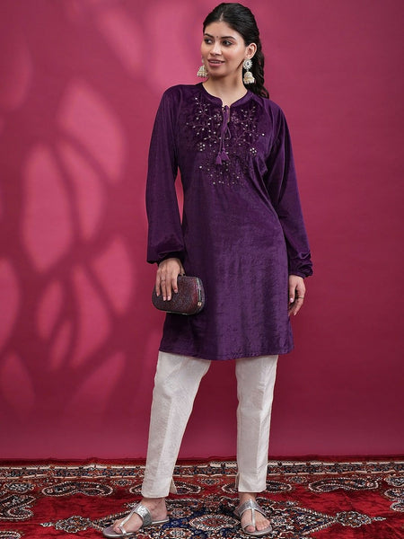 Vishudh Purple Floral Embroidered Sequined Straight Kurta - Distacart