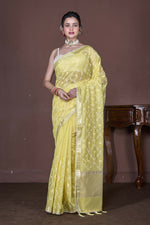 Thumbnail for Morchari Yellow Cotton Chanderi Embroidery Saree Unstitched Blouse