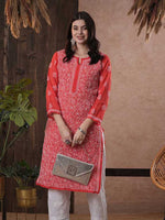 Thumbnail for ADA Women Red & White Chikankari Hand Embroidered Semi-Sheer Straight Sustainable Handloom Kurta - Distacart