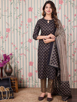 Thumbnail for Ode by House of Pataudi Ethnic Motifs Printed Pure Cotton Kurta with Trousers & Dupatta - Distacart