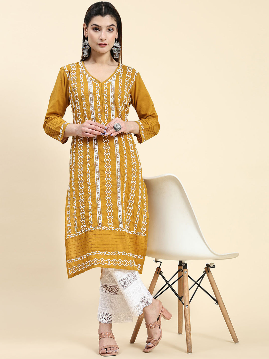 HOUSE OF KARI Ethnic Motifs Embroidered Chikankari Cotton Kurta - Distacart