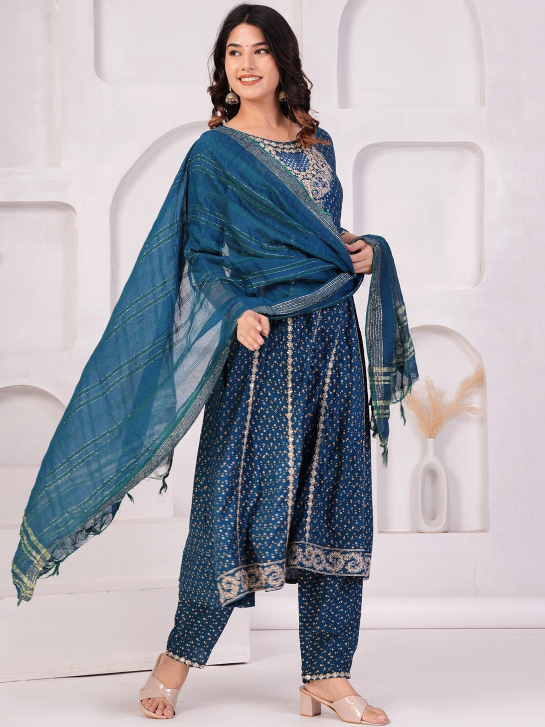 Women Ethnic Motifs Printed Panelled Thread Work Kurta With Trousers & Dupatta (Blue) - Rasiya