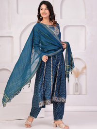 Thumbnail for Women Ethnic Motifs Printed Panelled Thread Work Kurta With Trousers & Dupatta (Blue) - Rasiya