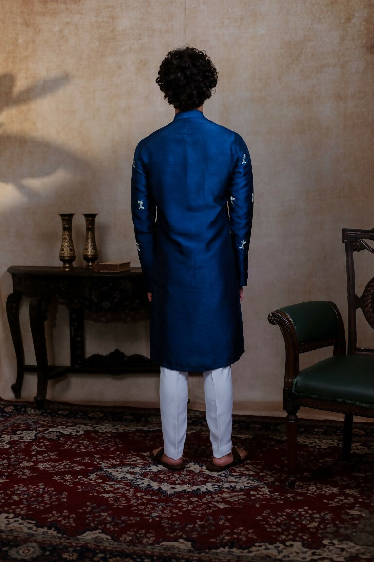 Falling Raw Silk Navy Blue Neel Mayura Kurta Set By Hilo Design