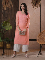 Thumbnail for ADA Women Peach-Coloured Chikankari Hand Embroidered Straight Kota Handloom Kurta With Matching Slip - Distacart