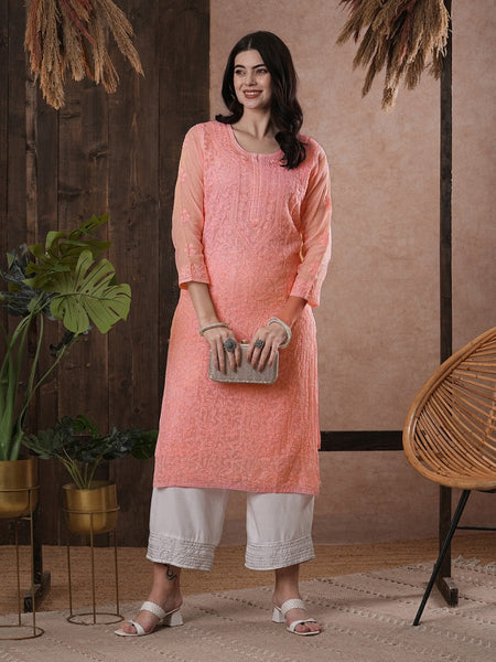 ADA Women Peach-Coloured Chikankari Hand Embroidered Straight Kota Handloom Kurta With Matching Slip - Distacart