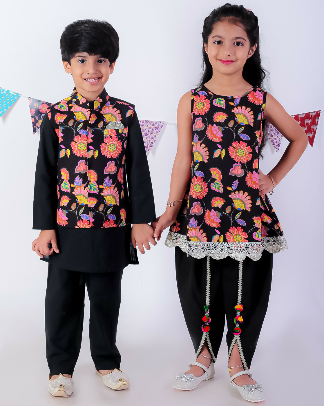 Lil Drama Jaipur Print Stylish Cotton Kurta with Dhoti Set for Girls - Black - Distacart