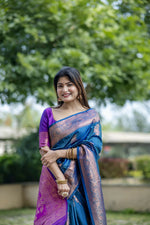 Thumbnail for Vishnu Weaves Women's Blue Banarasi Silk Saree with Blouse - Distacart