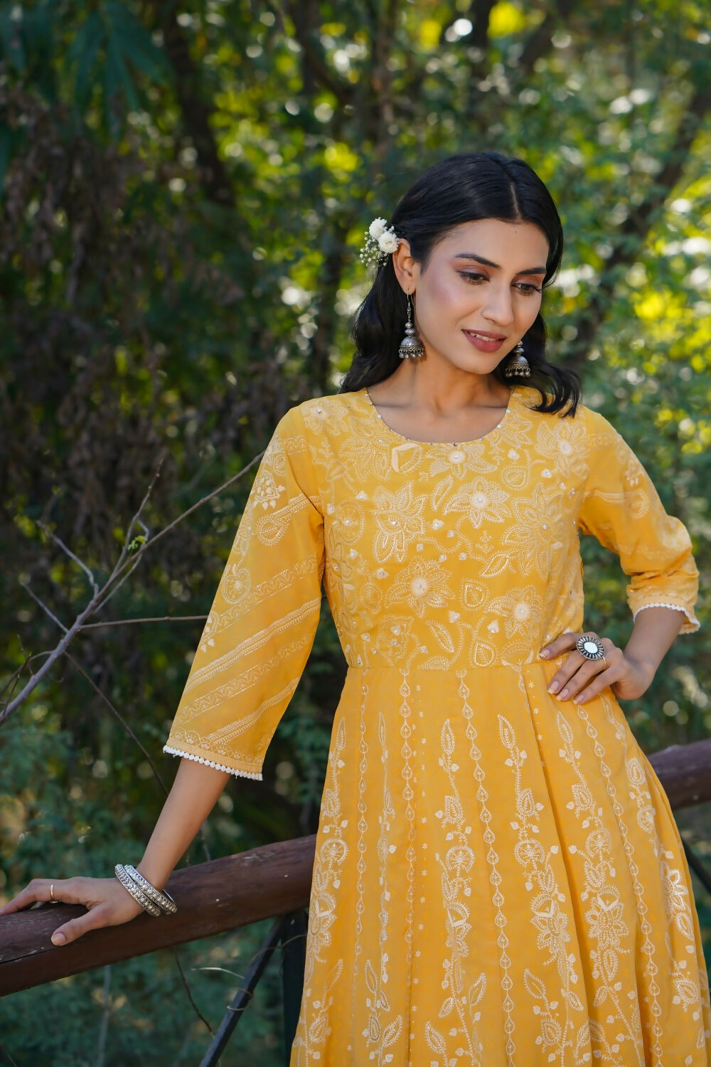 Juniper Yellow Floral Printed Georgette Maxi Dress With Beads Kantha Work & Sequins At Neckline - Distacart