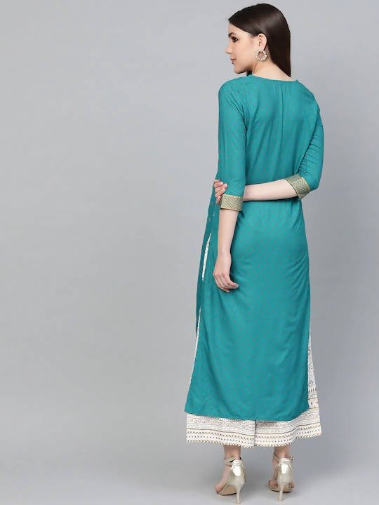 Anubhutee Peacock Blue Kurta Set with Golden Traditional Motifs - Distacart
