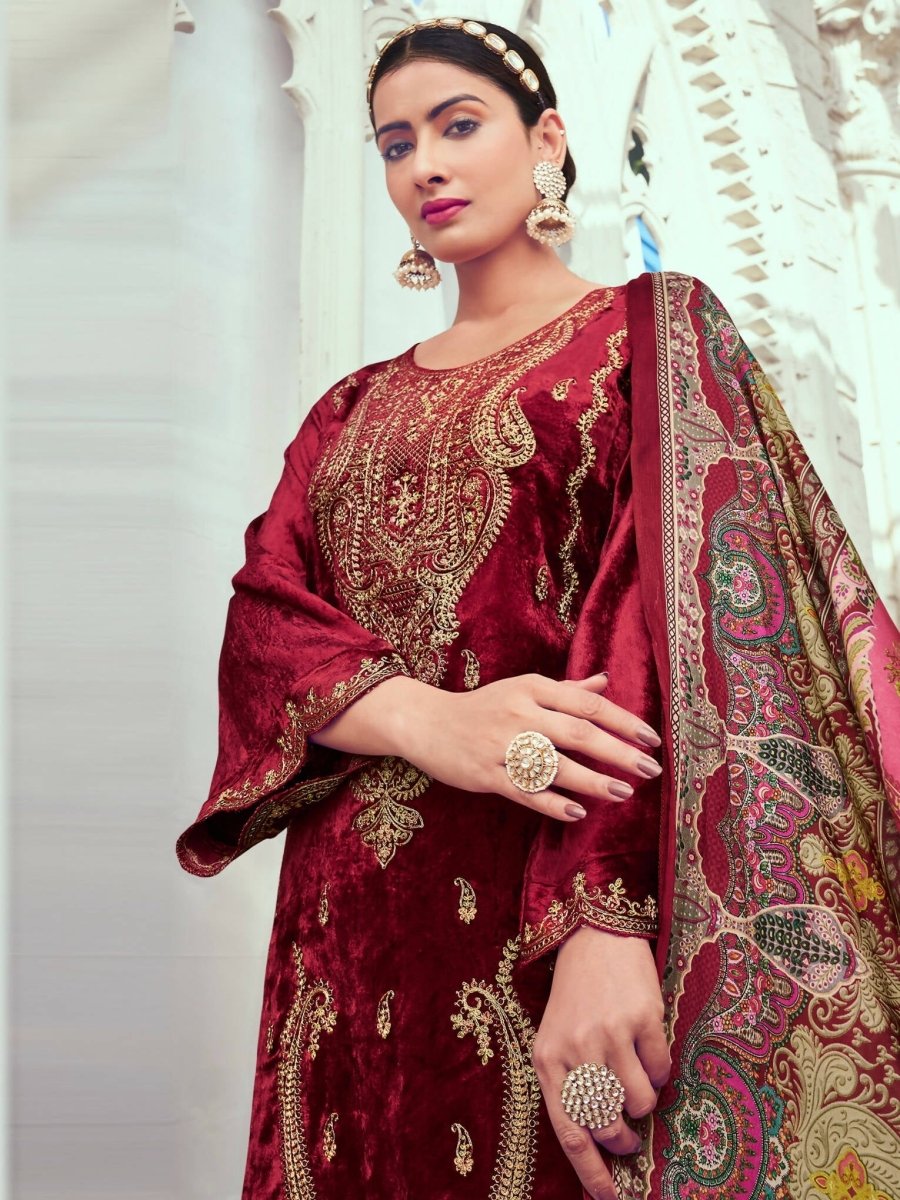 Aastha Fashion Women's Maroon Velvet Cording with Digital Printed Kurta with Trouser & Dupatta - Distacart