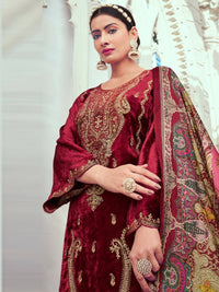 Thumbnail for Aastha Fashion Women's Maroon Velvet Cording with Digital Printed Kurta with Trouser & Dupatta - Distacart