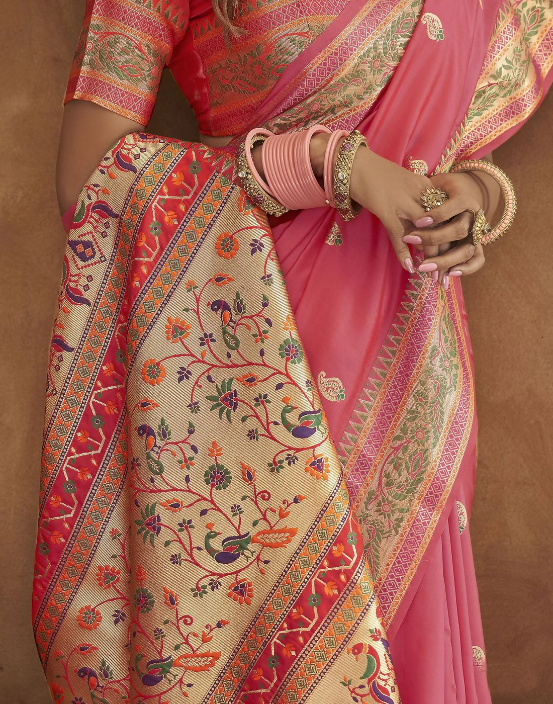 Vastranavya Pink Soft Paithani Silk Saree With Gold Zari Weaving Motifs With Matching Blouse Fabric - Distacart