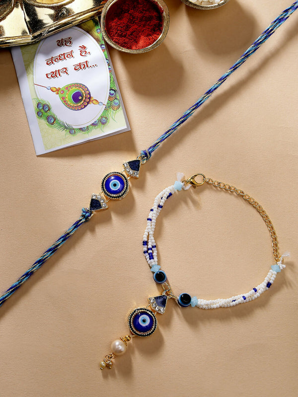 NVR Women & Men Set of 2 Blue Evil Eye Bhaiya Bhabhi Rakhi With Roli Chawal & Chocolate - Distacart