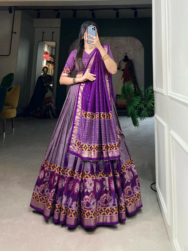 Vastranavya Floral Print With Foil Print Tussar Silk Lehenga with Unstitched Blouse - Purple - Distacart