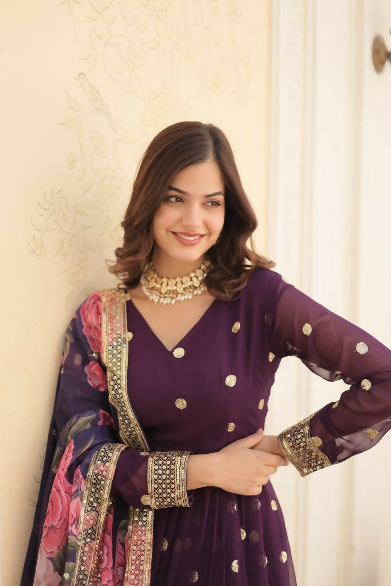 Aastha Fashion Women's Purple Faux Georgette Embroidery Zari Sequins-work Gown with Dupatta