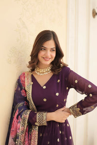 Thumbnail for Aastha Fashion Women's Purple Faux Georgette Embroidery Zari Sequins-work Gown with Dupatta