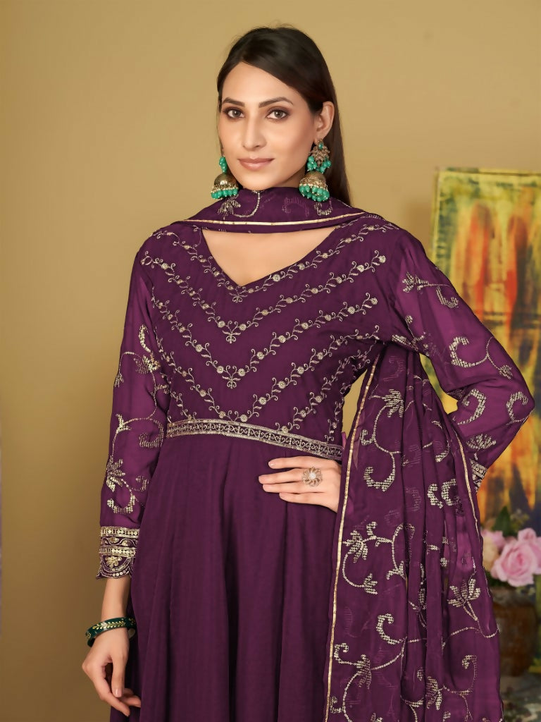 Jyoti Fashion Women's Purple Georgette Embroidered Anarkali Kurta Pant Set With Dupatta