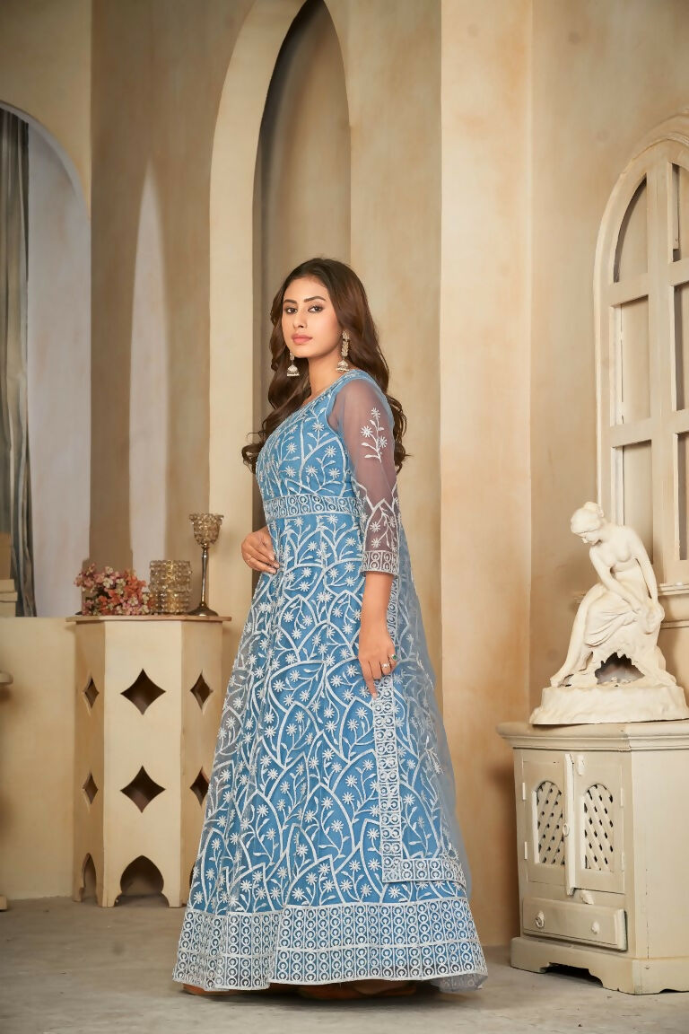 Jyoti Fashion Women's Sky Blue Net Embroidered Anarkali Kurta Pant Set With Dupatta