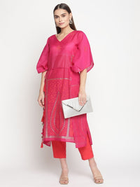 Thumbnail for Ahalyaa Pink Chanderi Orange khari Print Kaftan With Trouser