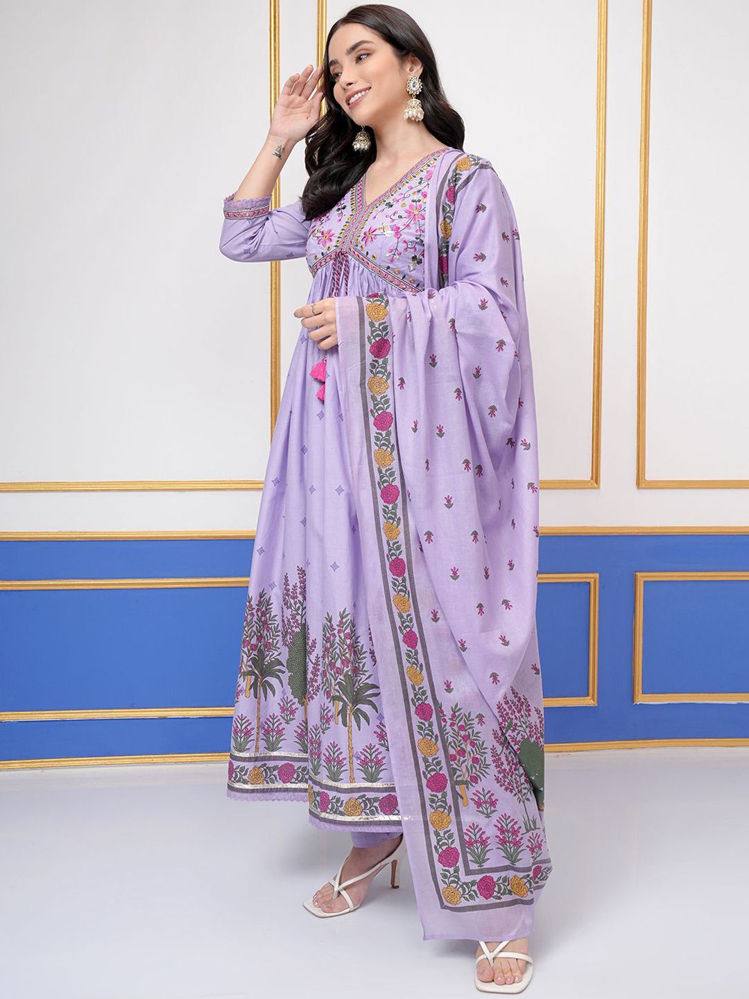 Vishudh Floral Printed Empire Thread Work Pure Cotton A-Line Kurta & Trouser With Dupatta - Distacart