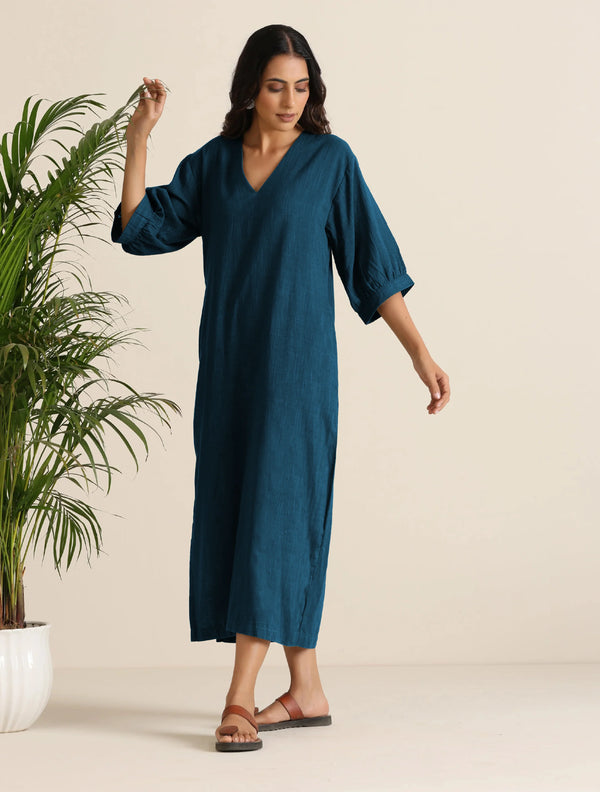trueBrowns Blue Cotton Blend Long Dress - Distacart