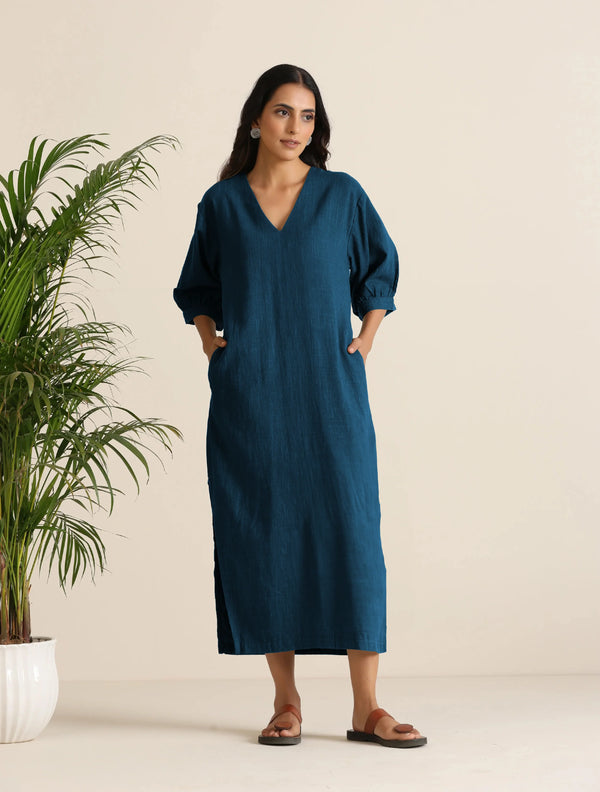 trueBrowns Blue Cotton Blend Long Dress - Distacart