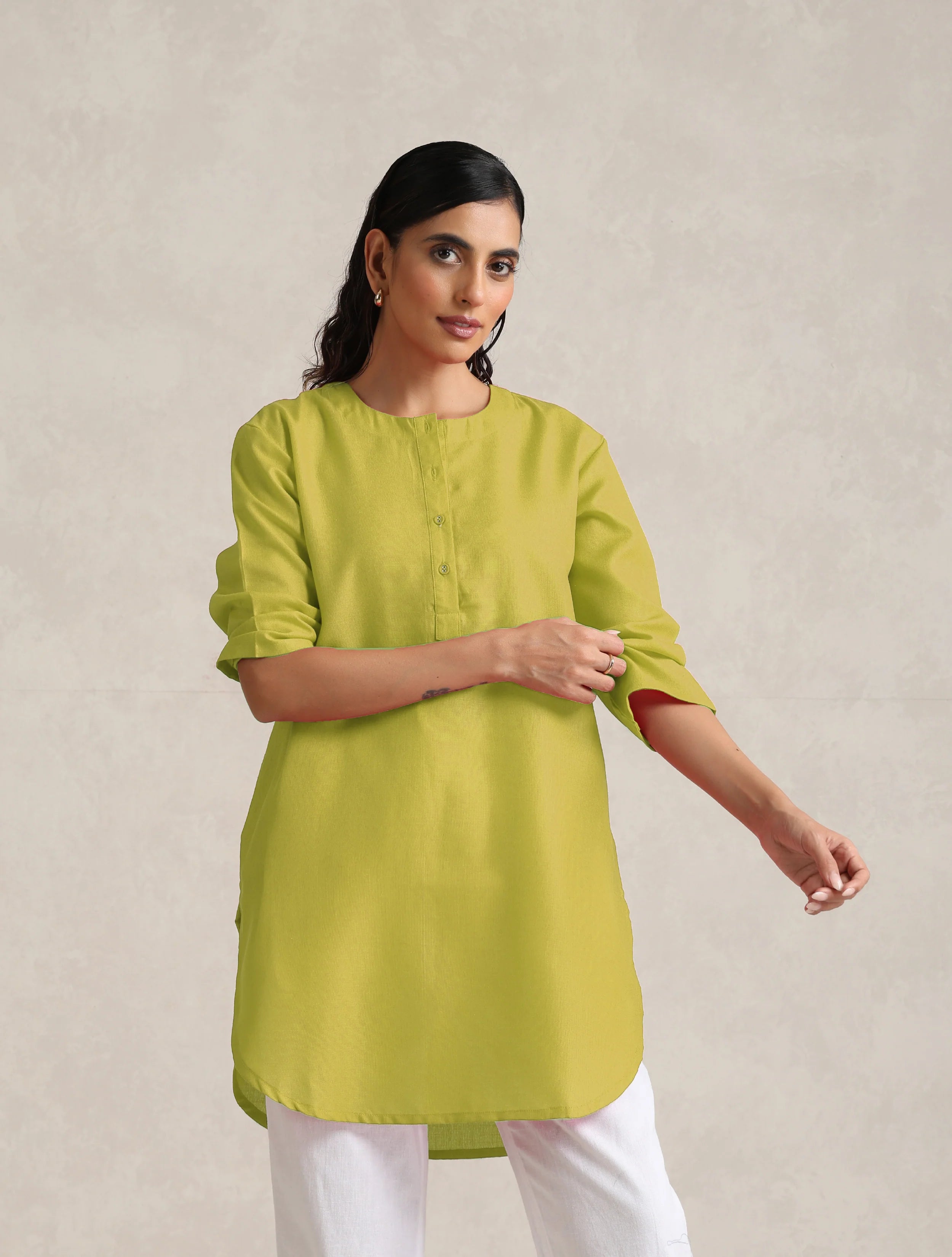 trueBrowns Lime Cotton Blend Short Kurta - Distacart