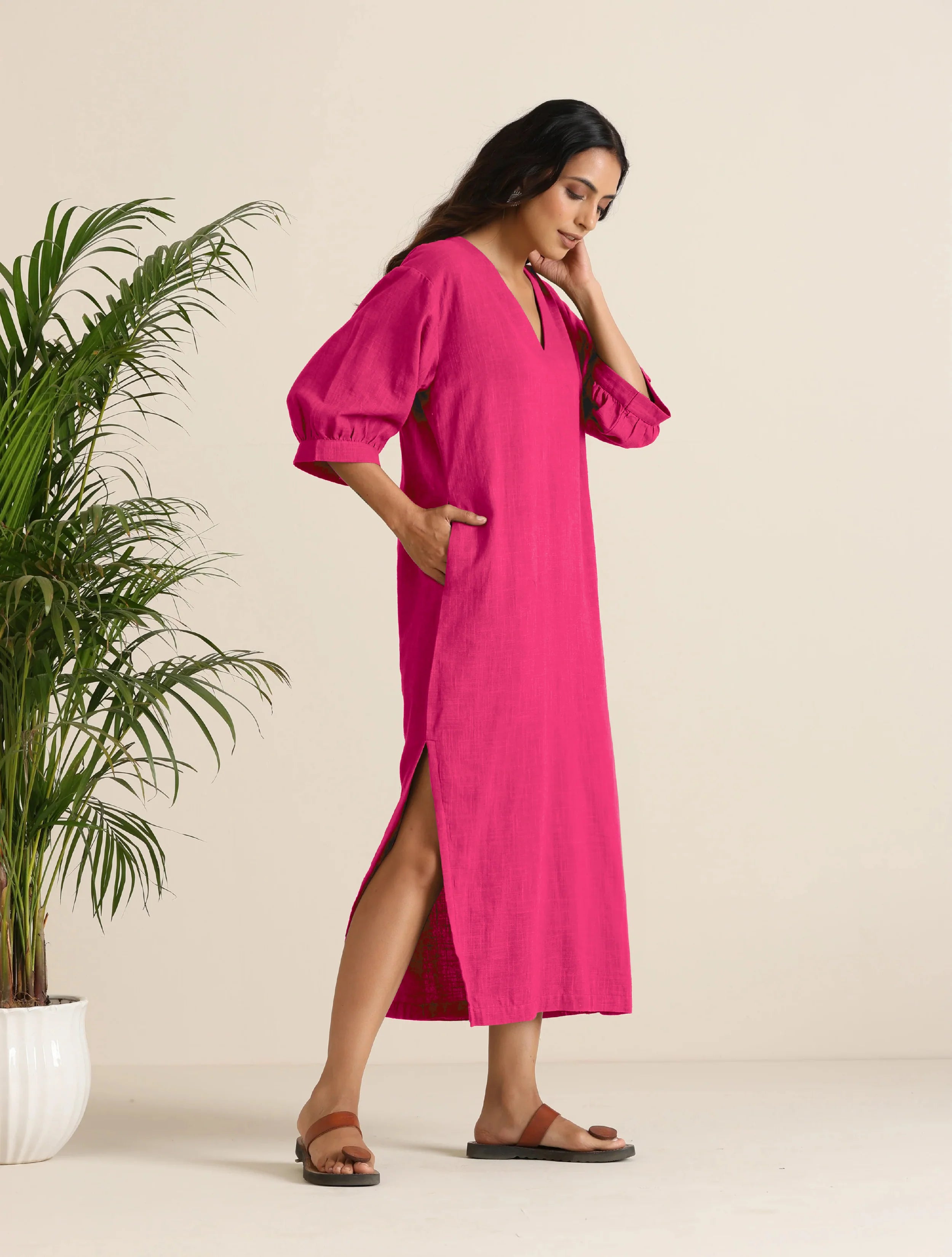 trueBrowns Hot Pink Cotton Blend Long Dress - Distacart