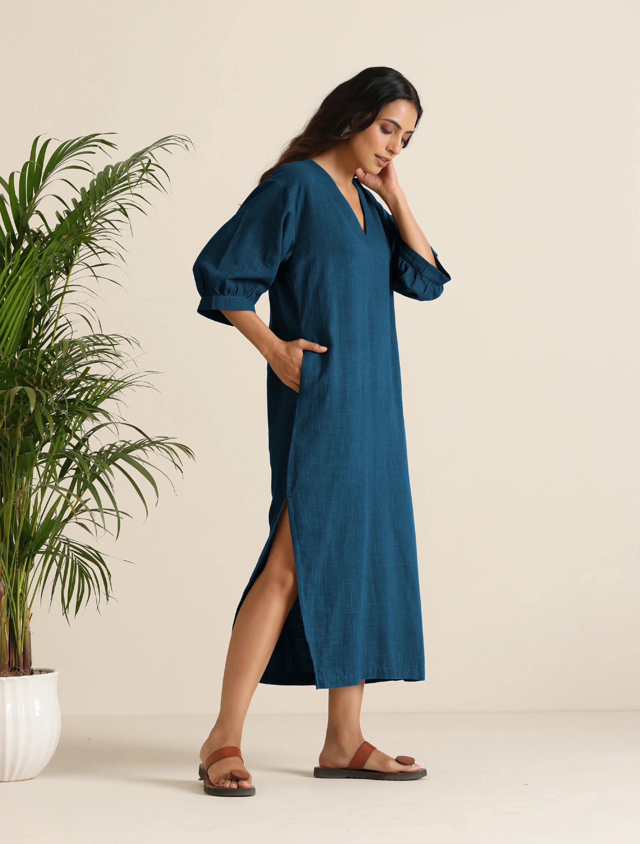 trueBrowns Blue Cotton Blend Long Dress - Distacart