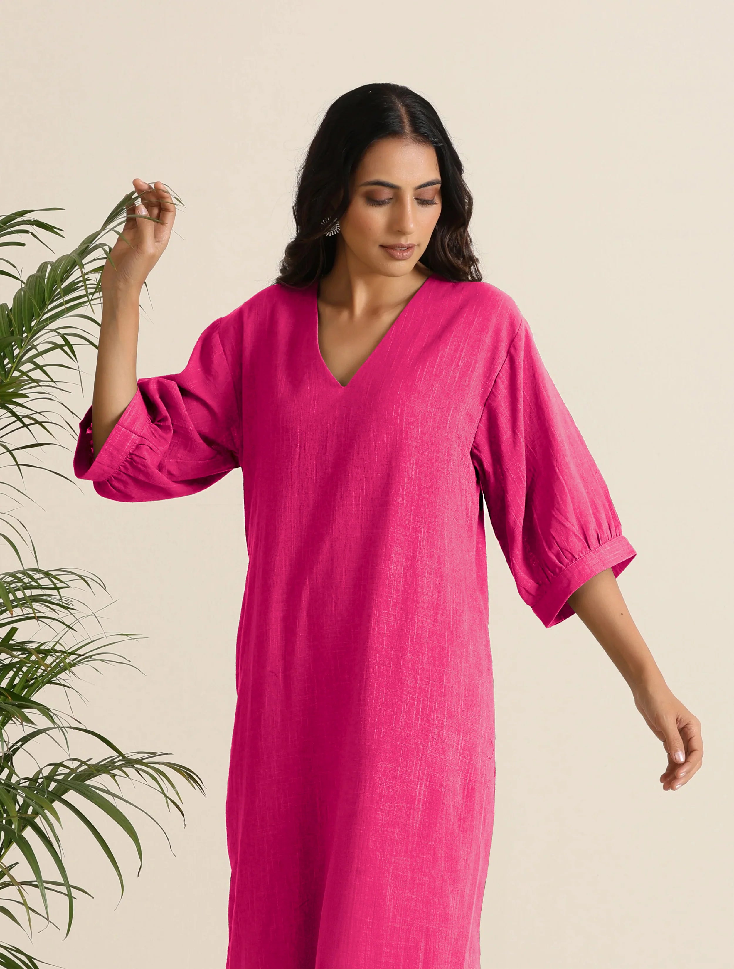 trueBrowns Hot Pink Cotton Blend Long Dress - Distacart