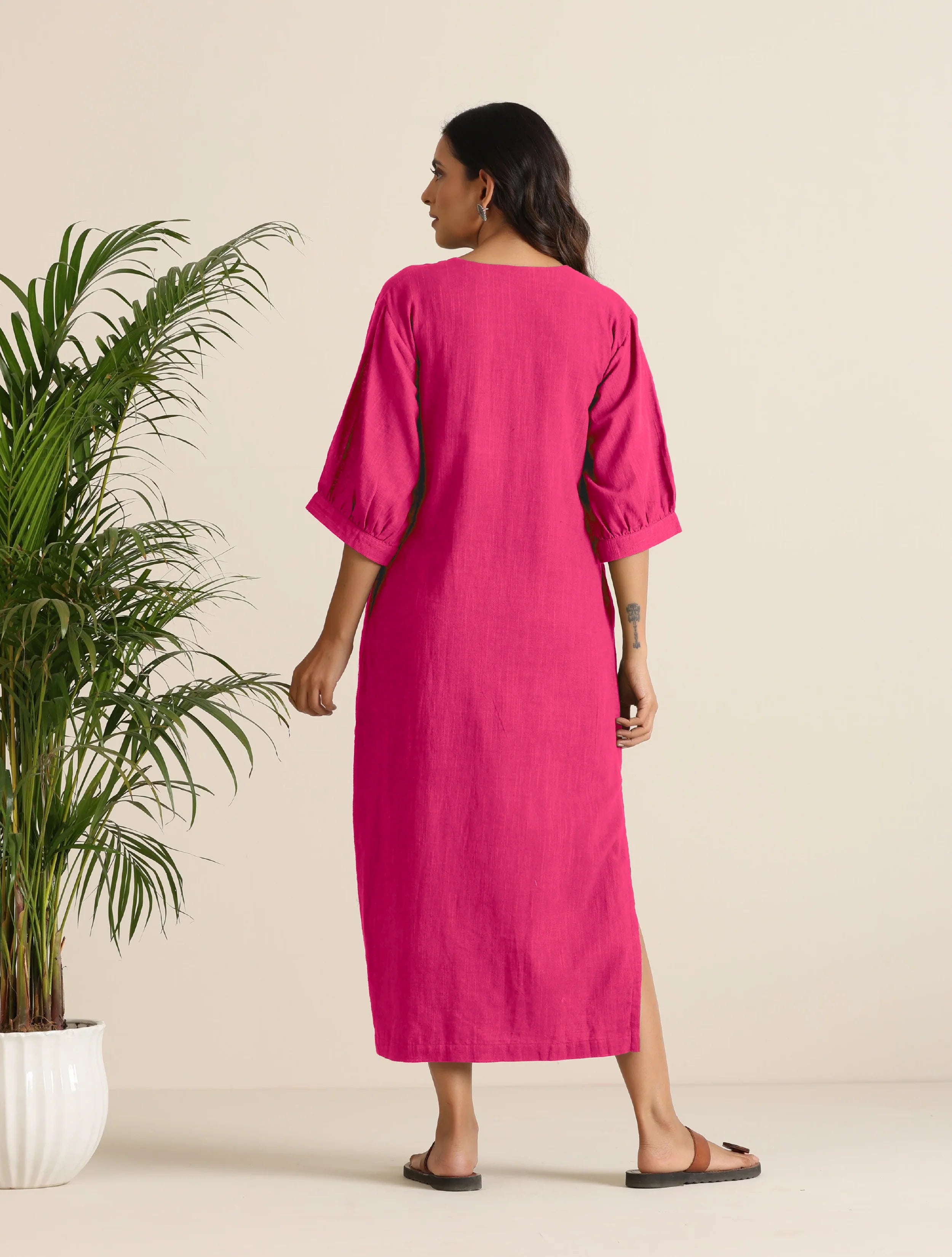 trueBrowns Hot Pink Cotton Blend Long Dress - Distacart