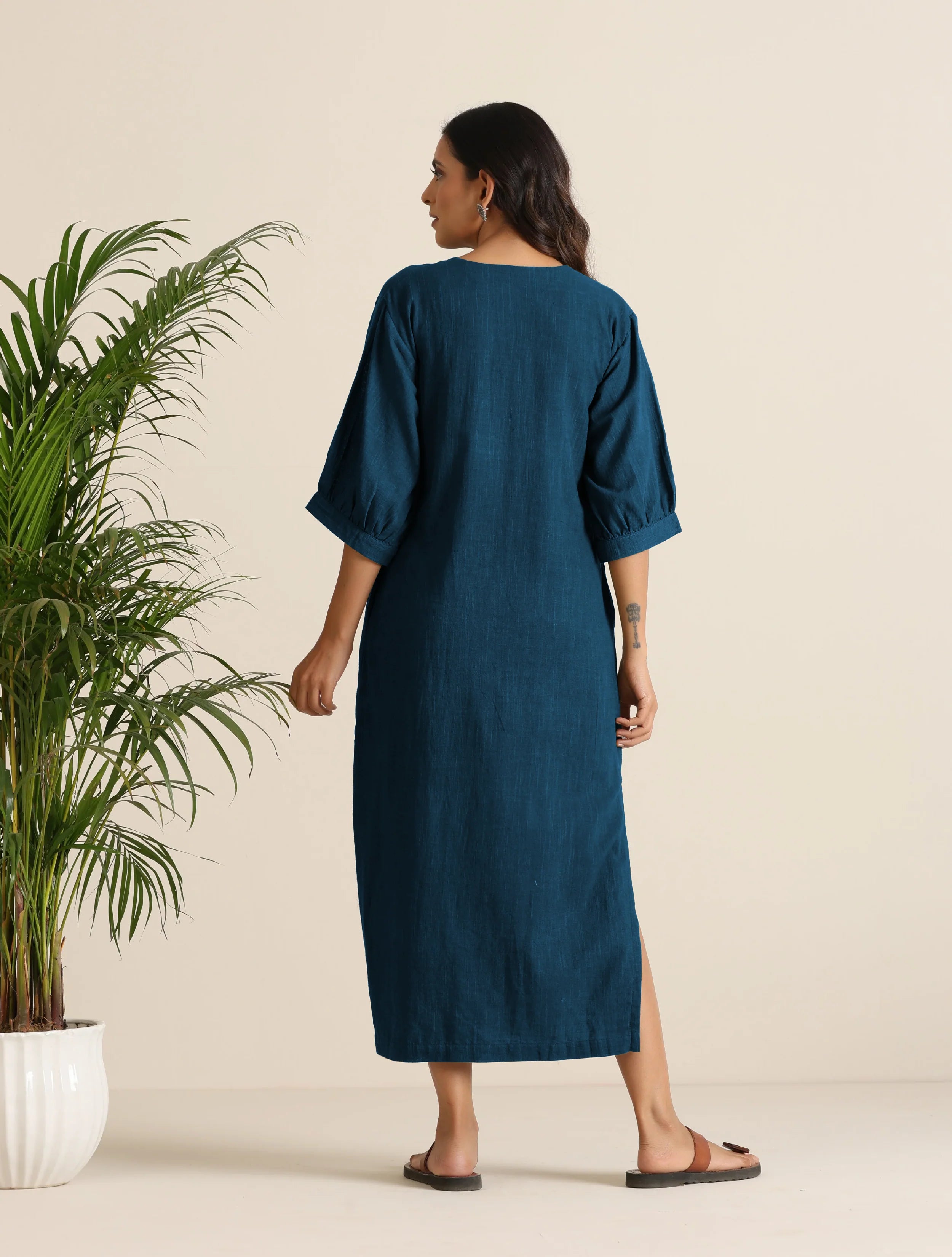 trueBrowns Blue Cotton Blend Long Dress - Distacart