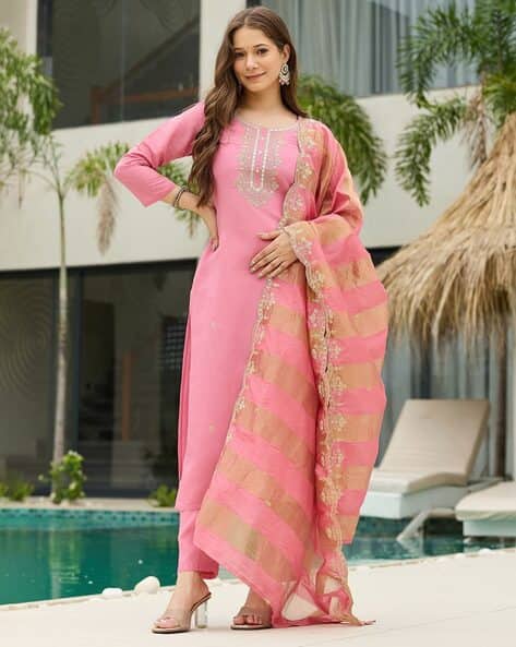 The52 Women's Gorgeous Cotton Blend Embroidery Straight Kurta with Pant And Dupatta Set