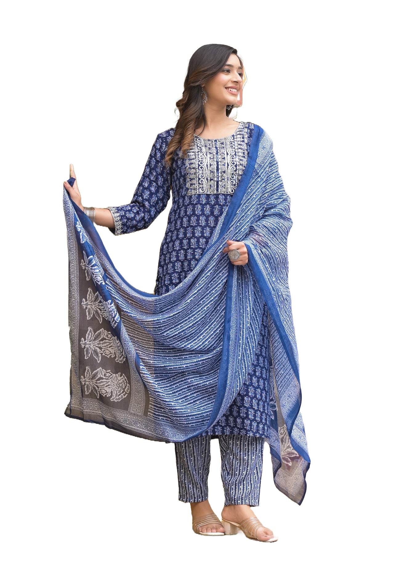 NOZ2TOZ Women Dark Blue Floral Print, Embroidered Viscose Rayon Kurta, Pant And Dupatta Set