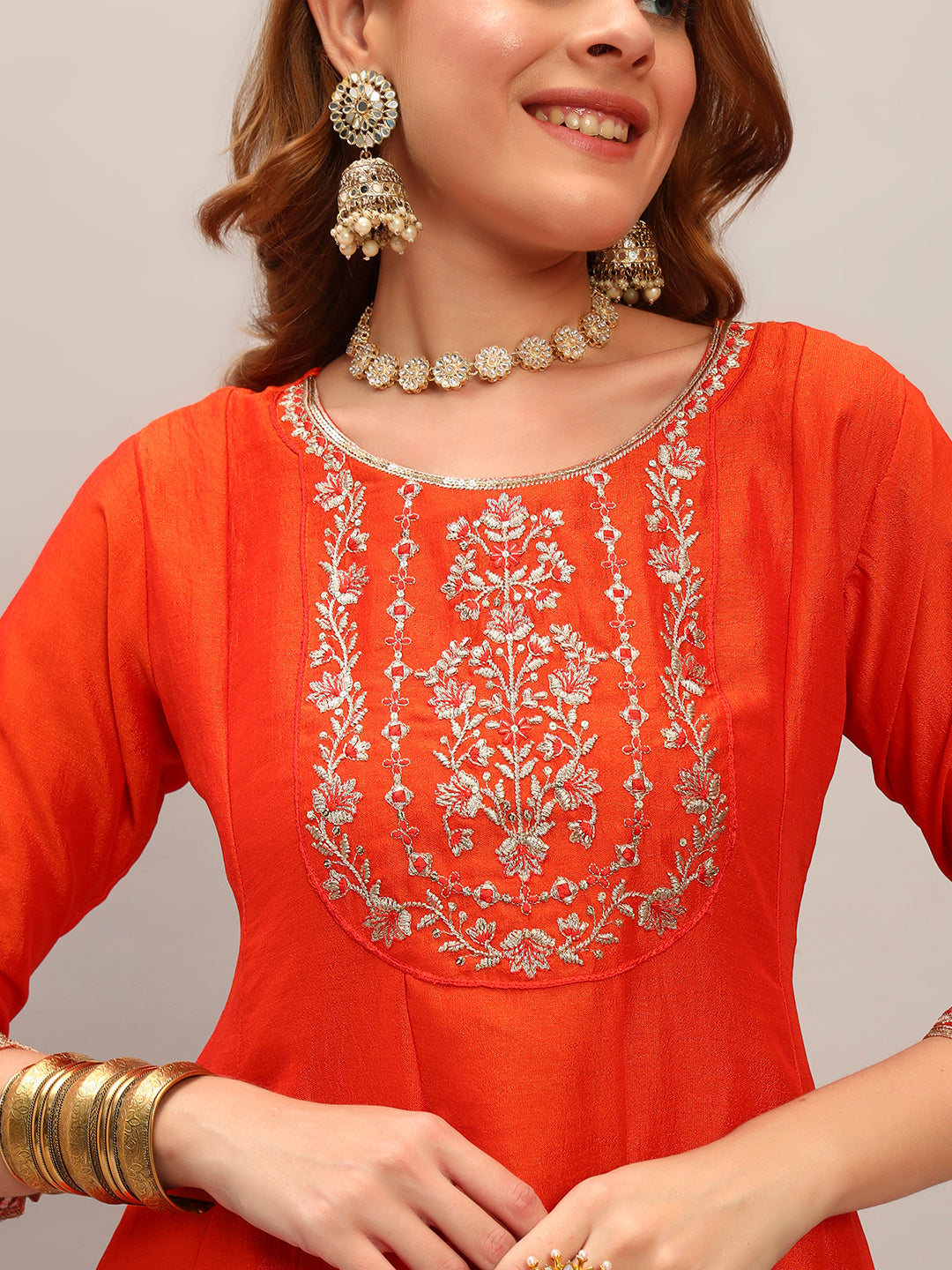 The52 Embroidered Vichitra Silk Fabric Straight Kurta, Pant and Dupatta Set