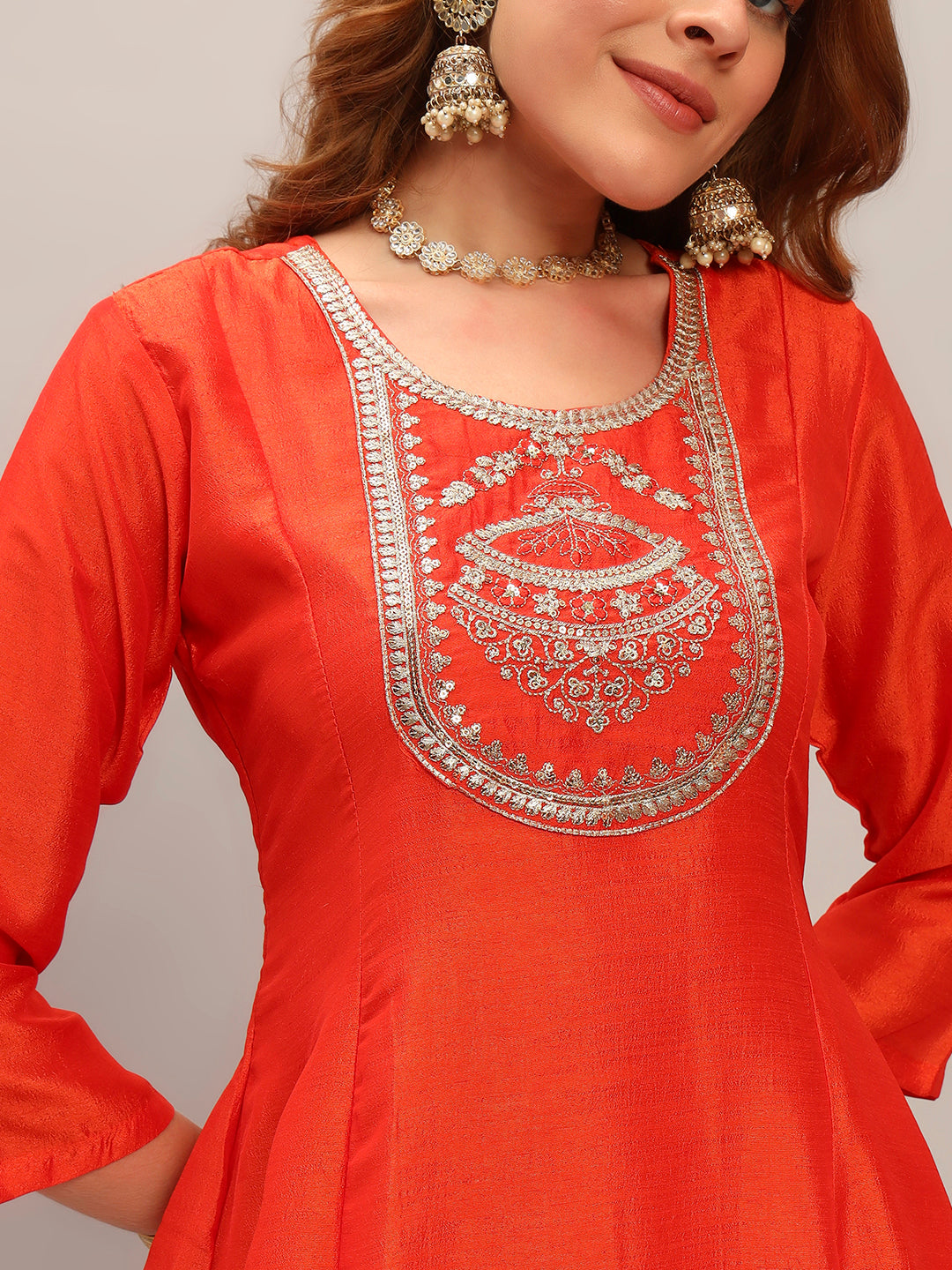 The52 Women's Orange Embroidered Vichitra Silk Fabric Straight Kurta, Pant and Dupatta Set