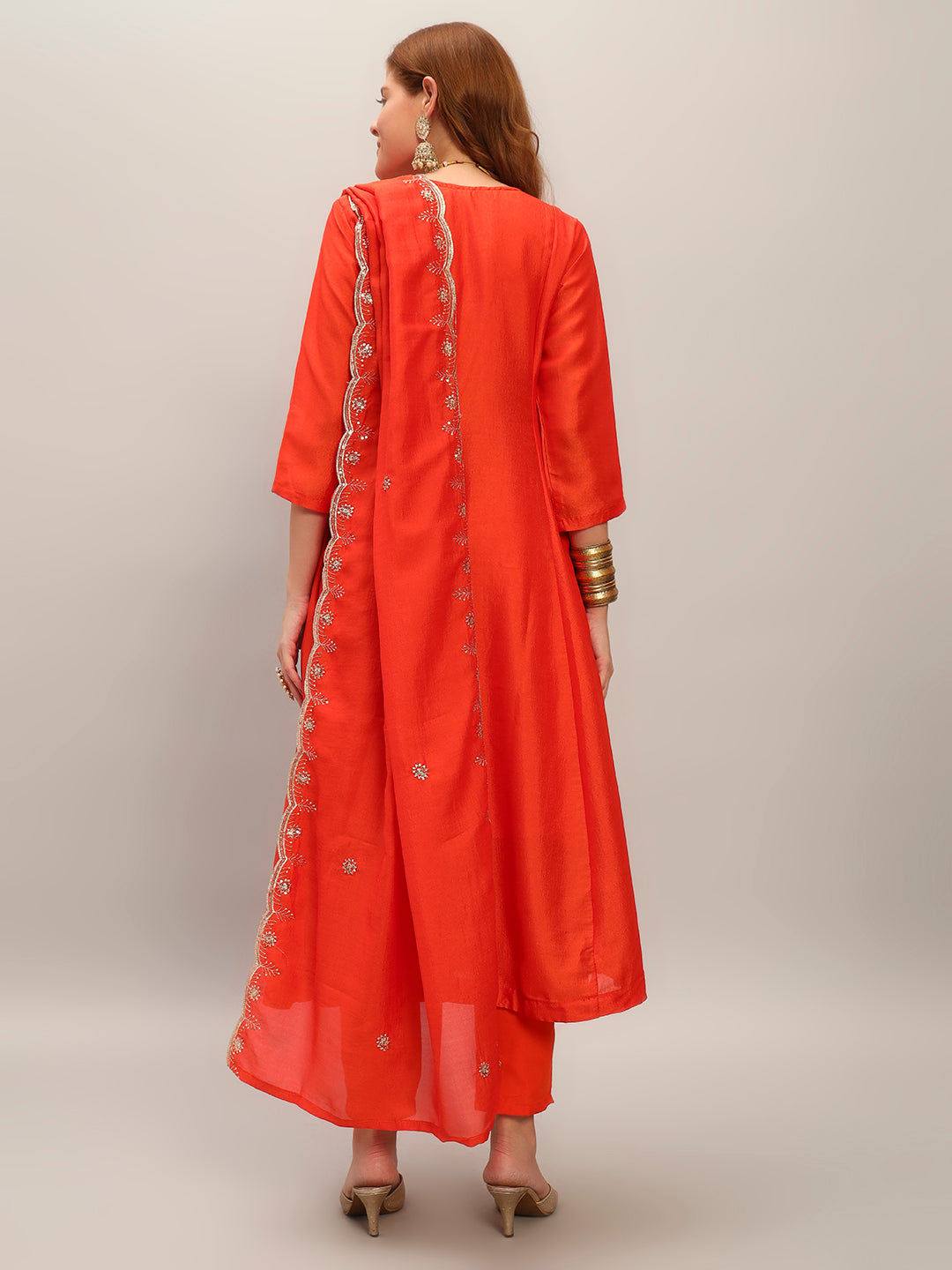 The52 Women's Orange Embroidered Vichitra Silk Fabric Straight Kurta, Pant and Dupatta Set