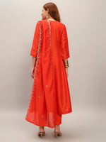 Thumbnail for The52 Women's Orange Embroidered Vichitra Silk Fabric Straight Kurta, Pant and Dupatta Set