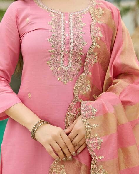 The52 Women's Gorgeous Cotton Blend Embroidery Straight Kurta with Pant And Dupatta Set