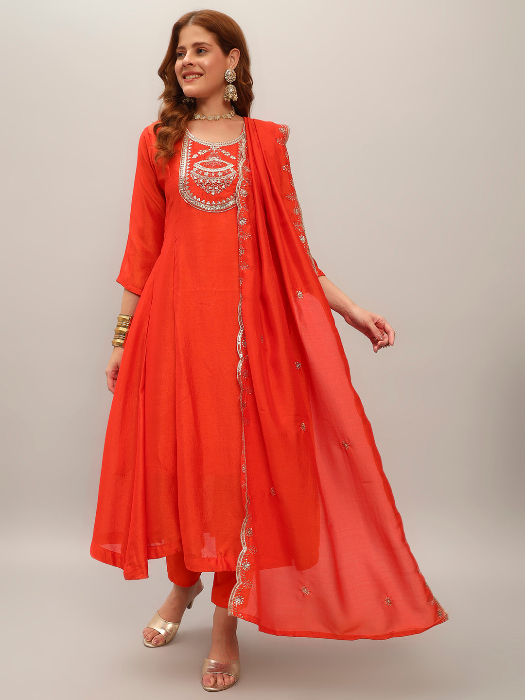 The52 Women's Orange Embroidered Vichitra Silk Fabric Straight Kurta, Pant and Dupatta Set