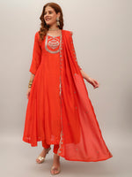 Thumbnail for The52 Women's Orange Embroidered Vichitra Silk Fabric Straight Kurta, Pant and Dupatta Set