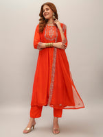 Thumbnail for The52 Embroidered Vichitra Silk Fabric Straight Kurta, Pant and Dupatta Set