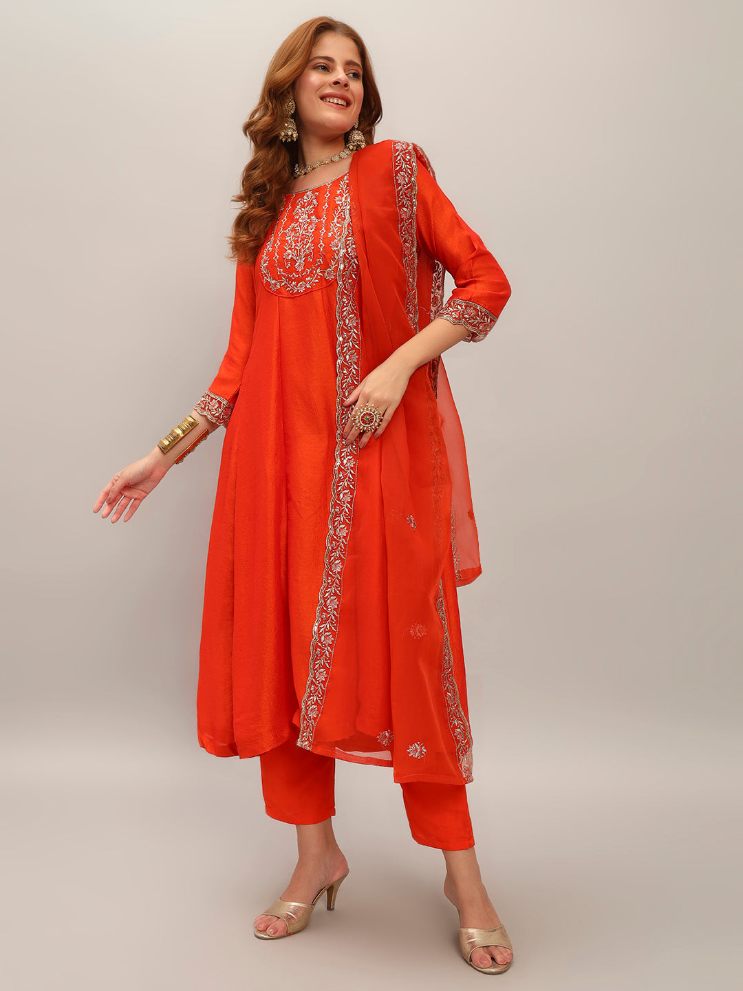 The52 Embroidered Vichitra Silk Fabric Straight Kurta, Pant and Dupatta Set
