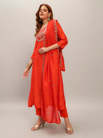 Thumbnail for The52 Women's Orange Embroidered Vichitra Silk Fabric Straight Kurta, Pant and Dupatta Set